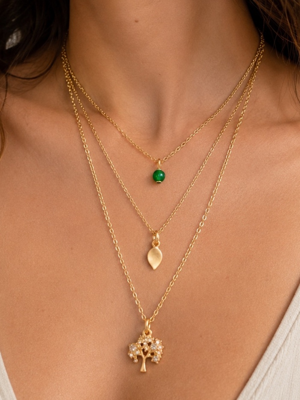 NEW Sequin Color Karma Triple Strand Tree Peace Gold/Green/Crystal Necklace NWT